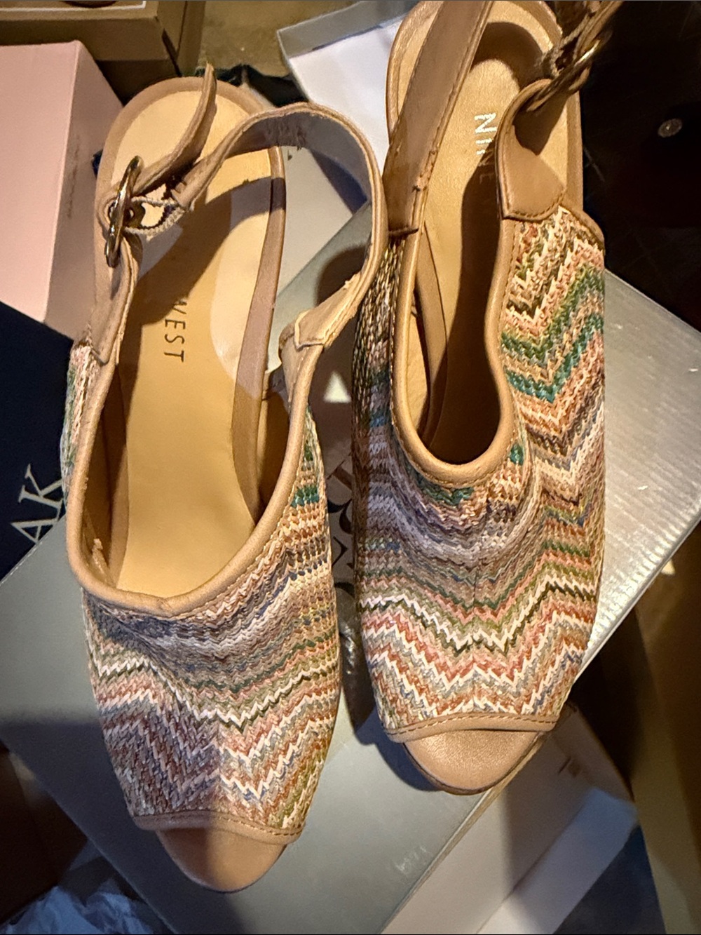 Nine West Multicolor Woven Peep-Toe Slingback Sandals with Tan Trim